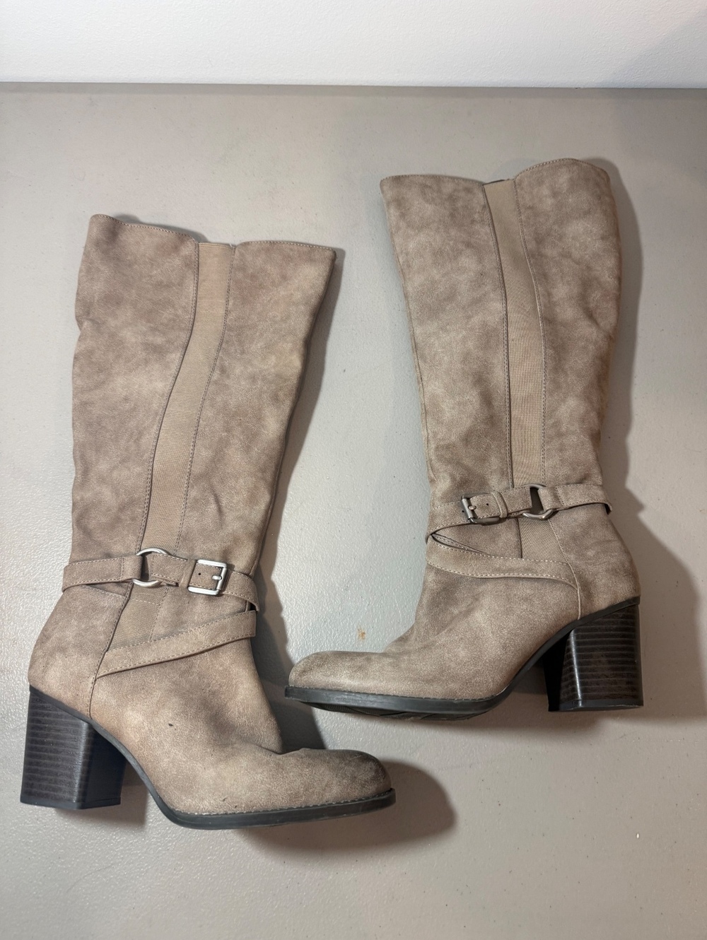 Taupe Suede Mid-Calf Boots with Buckle Detail